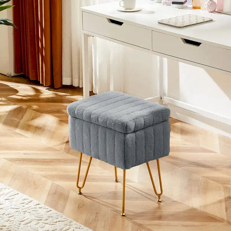 Faux Fur Storage Stool with Metal Legs and Adjustable Feet