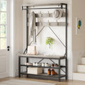 72" Entryway Hall Tree with Shoe Bench, 8 Hooks and Storage Shelves