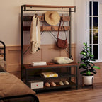 72" Entryway Hall Tree with Shoe Bench, 8 Hooks and Storage Shelves