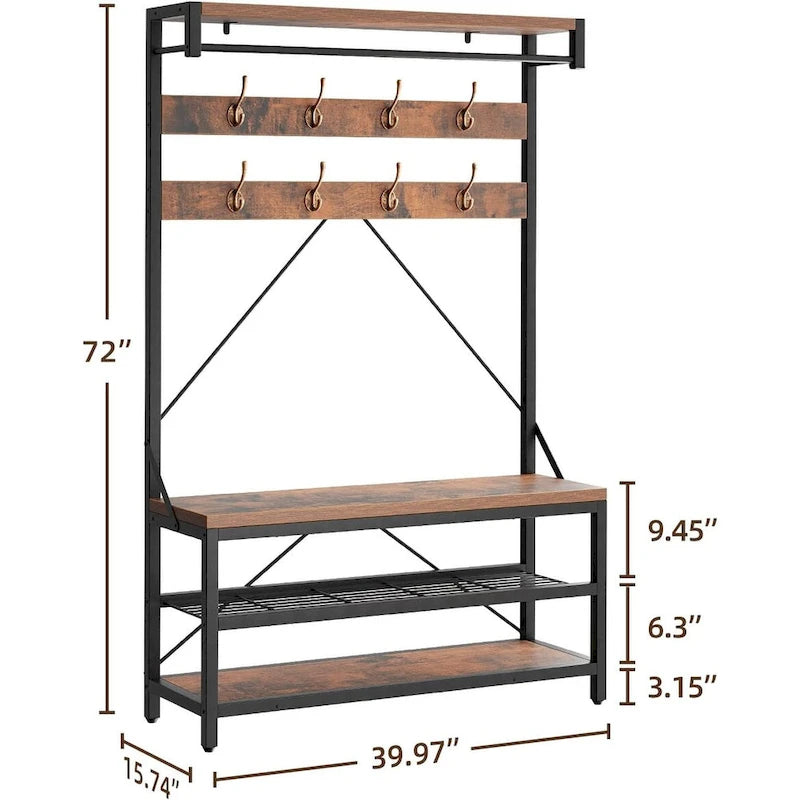 72" Entryway Hall Tree with Shoe Bench, 8 Hooks and Storage Shelves