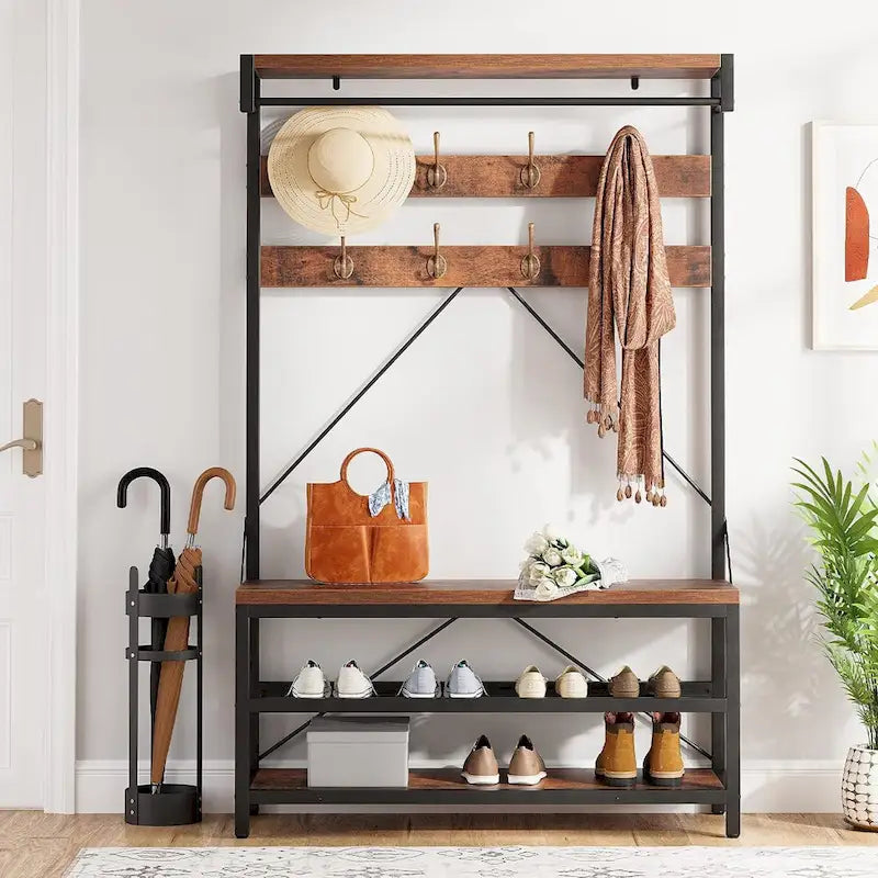 72" Entryway Hall Tree with Shoe Bench, 8 Hooks and Storage Shelves