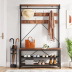 72" Entryway Hall Tree with Shoe Bench, 8 Hooks and Storage Shelves