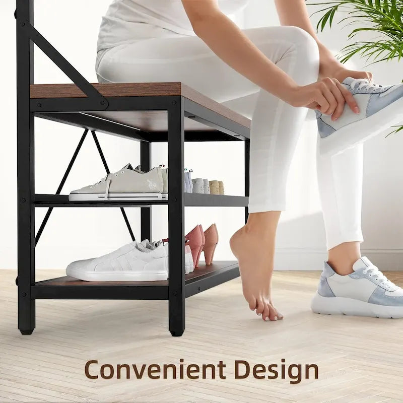 72" Entryway Hall Tree with Shoe Bench, 8 Hooks and Storage Shelves
