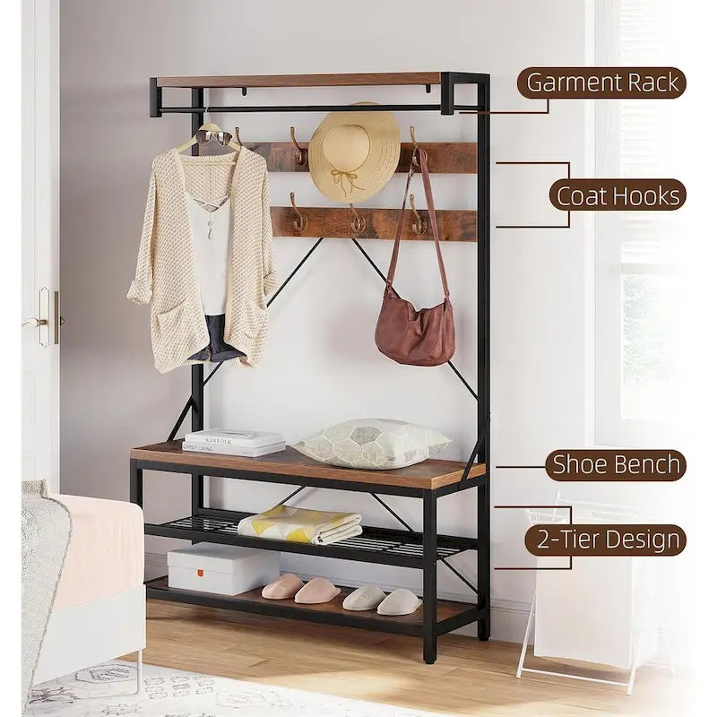72" Entryway Hall Tree with Shoe Bench, 8 Hooks and Storage Shelves