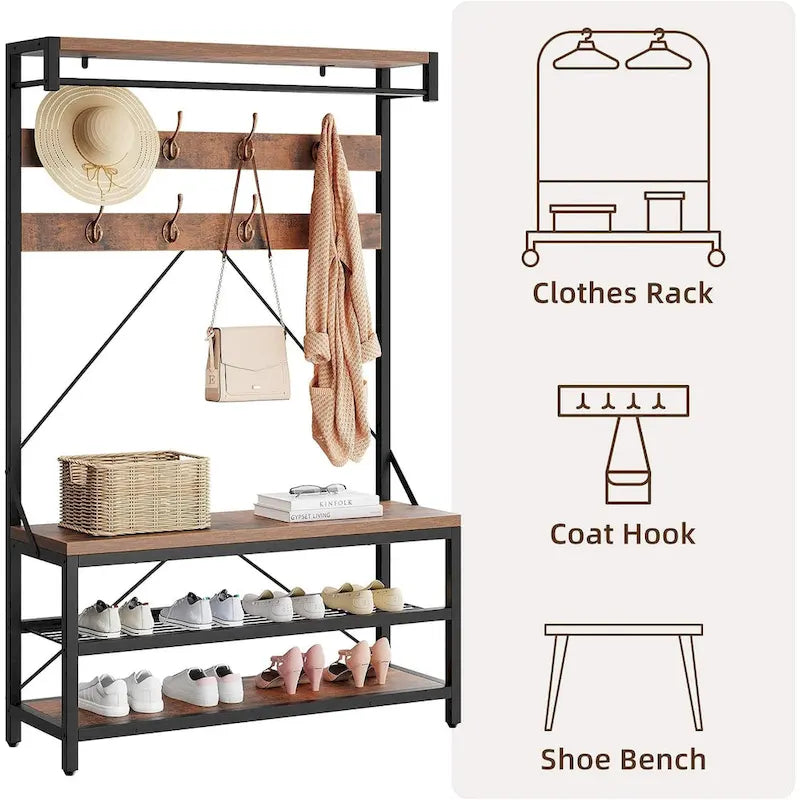72" Entryway Hall Tree with Shoe Bench, 8 Hooks and Storage Shelves