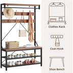 72" Entryway Hall Tree with Shoe Bench, 8 Hooks and Storage Shelves