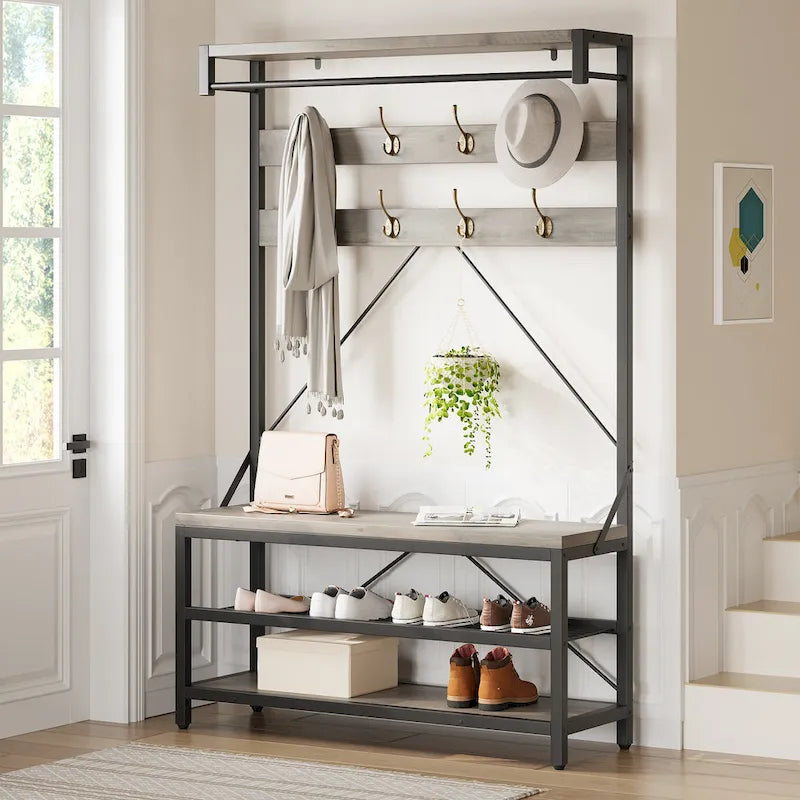 72" Entryway Hall Tree with Shoe Bench, 8 Hooks and Storage Shelves