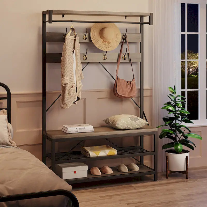 72" Entryway Hall Tree with Shoe Bench, 8 Hooks and Storage Shelves