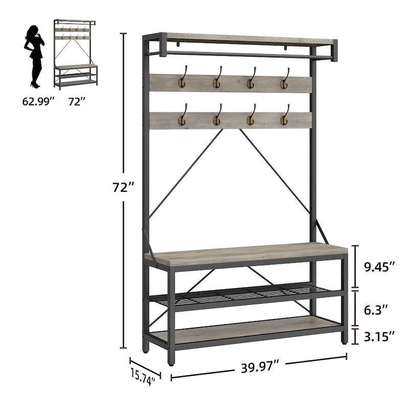 72" Entryway Hall Tree with Shoe Bench, 8 Hooks and Storage Shelves