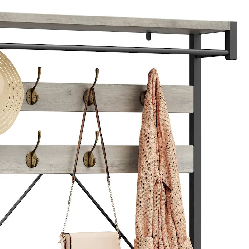 72" Entryway Hall Tree with Shoe Bench, 8 Hooks and Storage Shelves
