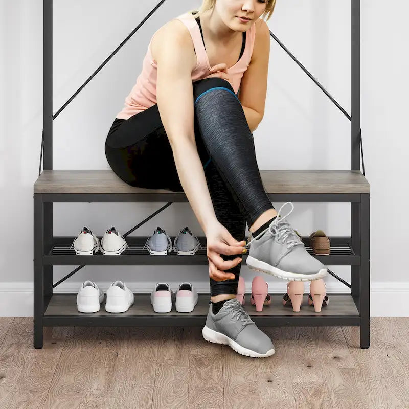72" Entryway Hall Tree with Shoe Bench, 8 Hooks and Storage Shelves