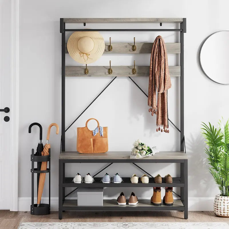 72" Entryway Hall Tree with Shoe Bench, 8 Hooks and Storage Shelves
