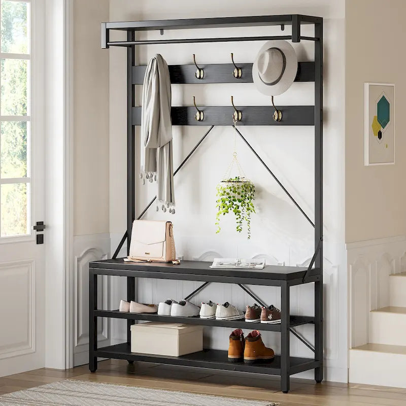 72" Entryway Hall Tree with Shoe Bench, 8 Hooks and Storage Shelves