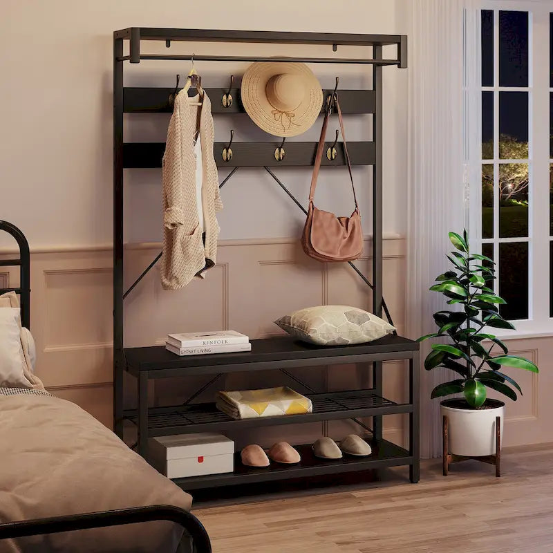 72" Entryway Hall Tree with Shoe Bench, 8 Hooks and Storage Shelves
