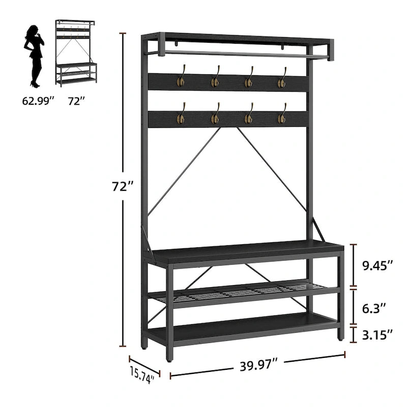 72" Entryway Hall Tree with Shoe Bench, 8 Hooks and Storage Shelves