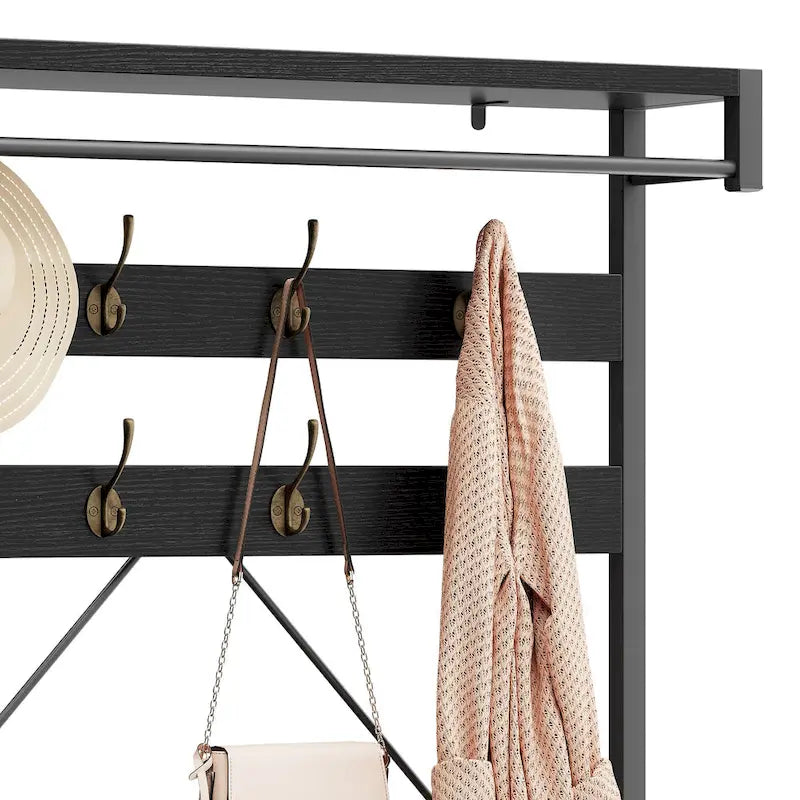 72" Entryway Hall Tree with Shoe Bench, 8 Hooks and Storage Shelves