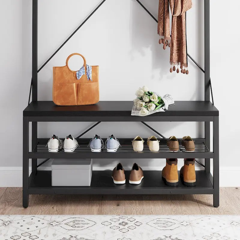 72" Entryway Hall Tree with Shoe Bench, 8 Hooks and Storage Shelves
