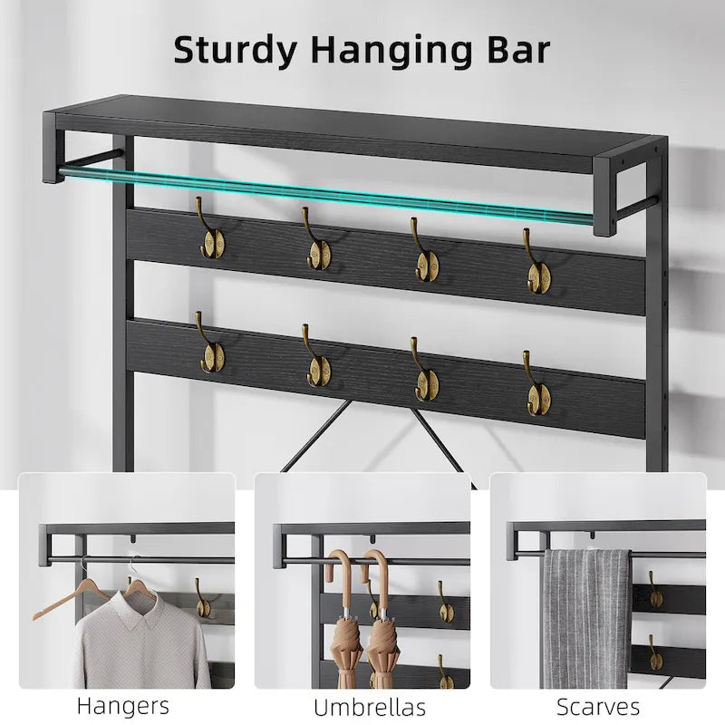 72" Entryway Hall Tree with Shoe Bench, 8 Hooks and Storage Shelves