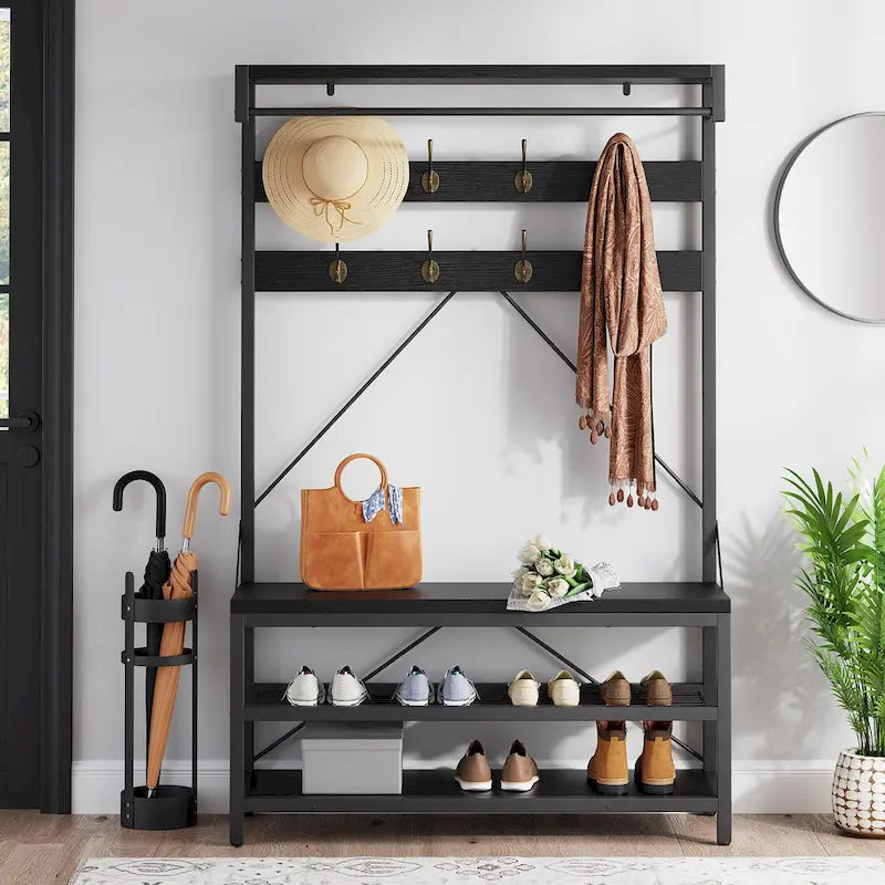 72" Entryway Hall Tree with Shoe Bench, 8 Hooks and Storage Shelves