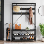 72" Entryway Hall Tree with Shoe Bench, 8 Hooks and Storage Shelves