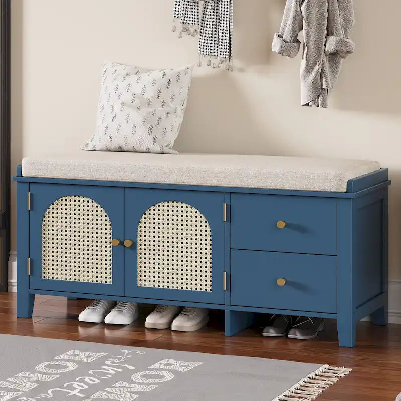 Shoe Bench with Cushion, 2 Drawers & 2 Rattan Doors