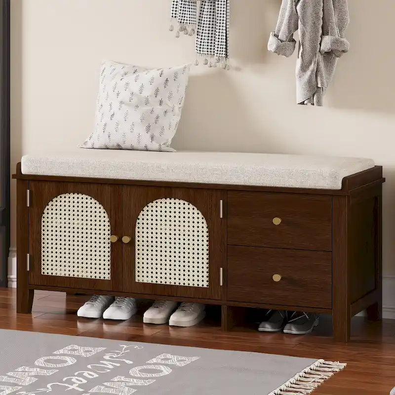 Shoe Bench with Cushion, 2 Drawers & 2 Rattan Doors