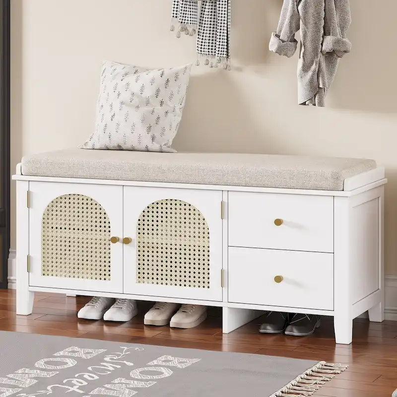 Shoe Bench with Cushion, 2 Drawers & 2 Rattan Doors