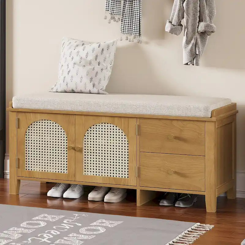 Shoe Bench with Cushion, 2 Drawers & 2 Rattan Doors