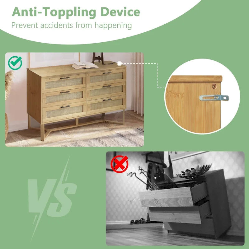 VEIKOUS 6-Drawer Bamboo High Stand Cabinet Dresser Chest of Drawers Long Storage Dresser