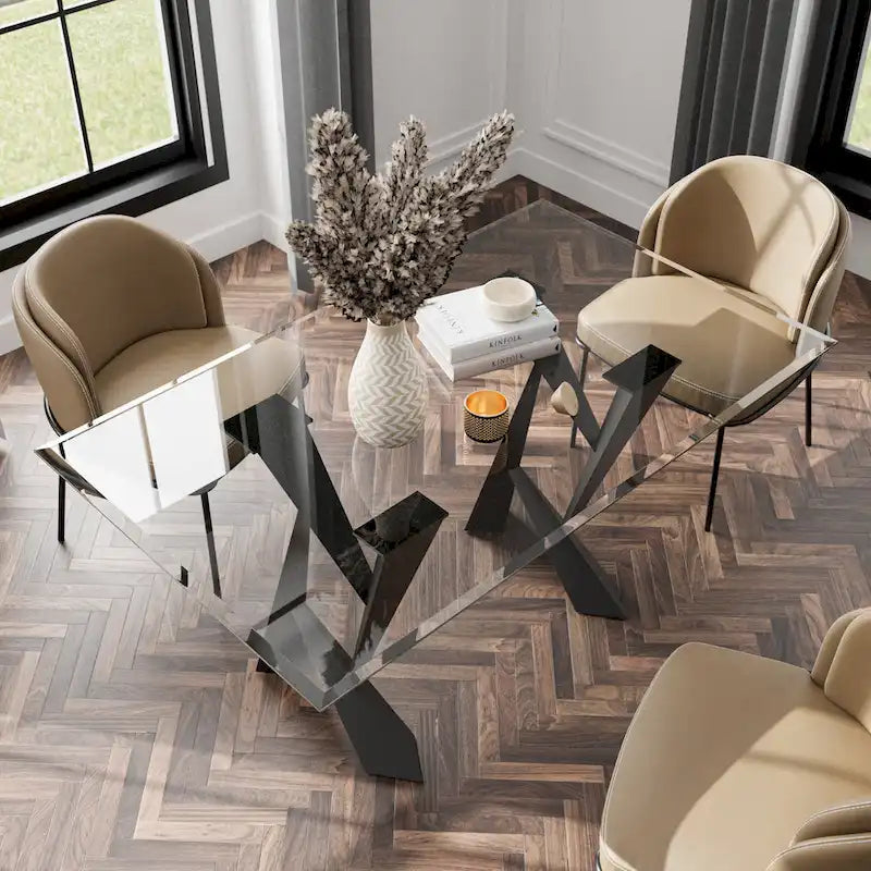 Modern Black Glass Top Dining Table, 58 Inch
