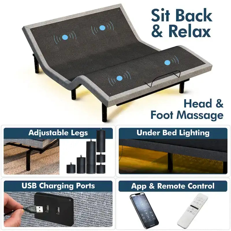 Adjustable Bed Base with 14-Inch Cooling Gel Memory Foam Mattress, Dual Massage, USB Ports & Remote
