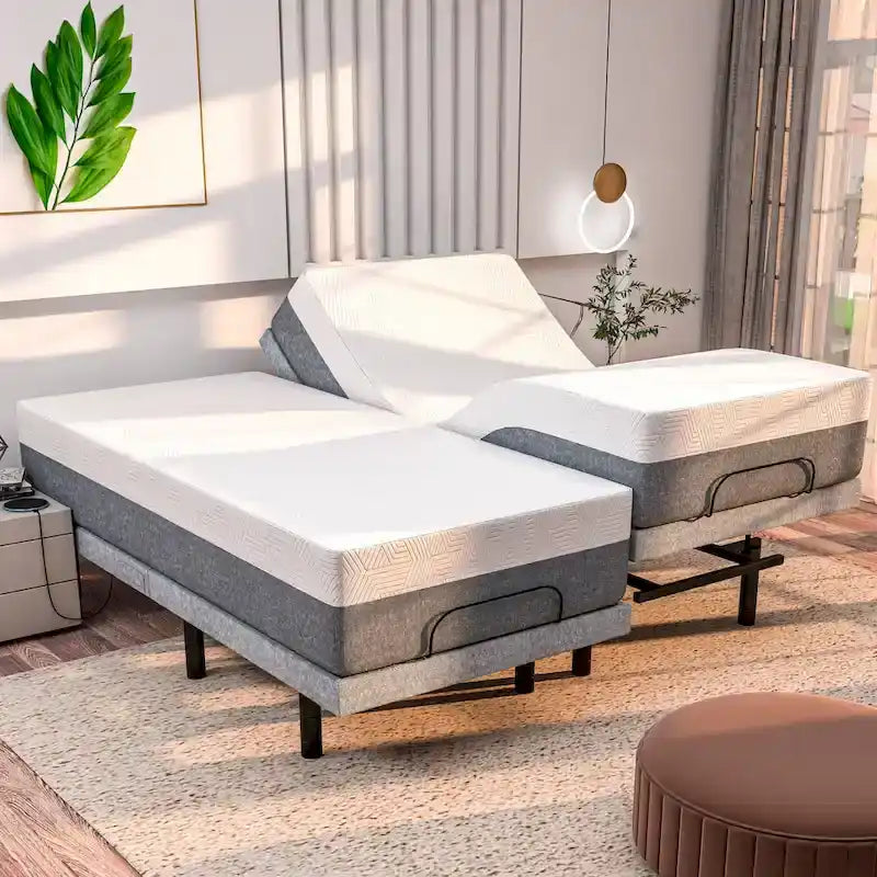 Verstellbares Bettgestell mit 14-Zoll-Matratze aus kühlendem Gel-Memory-Schaum, zwei Massagefunktionen, USB-Anschlüssen und Fernbedienung