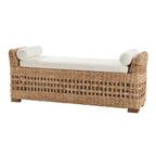 Banco de arrumação em rattan de estilo boho costeiro, com design vazado entalhado e pernas de madeira maciça