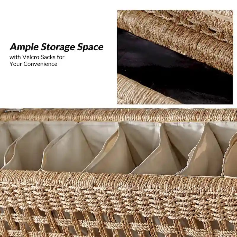 Banco de arrumação em rattan de estilo boho costeiro, com design vazado entalhado e pernas de madeira maciça