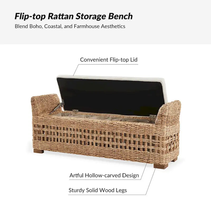 Banco de arrumação em rattan de estilo boho costeiro, com design vazado entalhado e pernas de madeira maciça