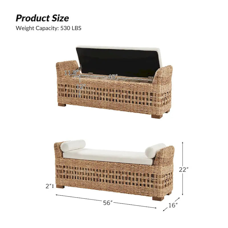 Banco de arrumação em rattan de estilo boho costeiro, com design vazado entalhado e pernas de madeira maciça