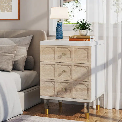 3-Drawer Nightstand with Storage – White and Gold Finish