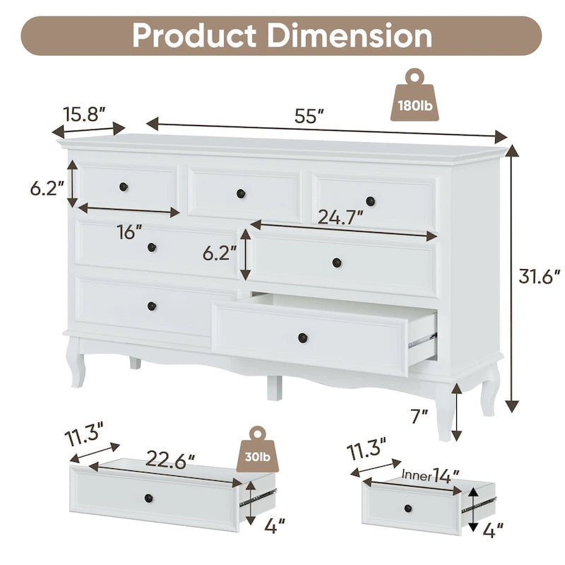 7-Drawer Dresser with Wood Legs and Painted Finish