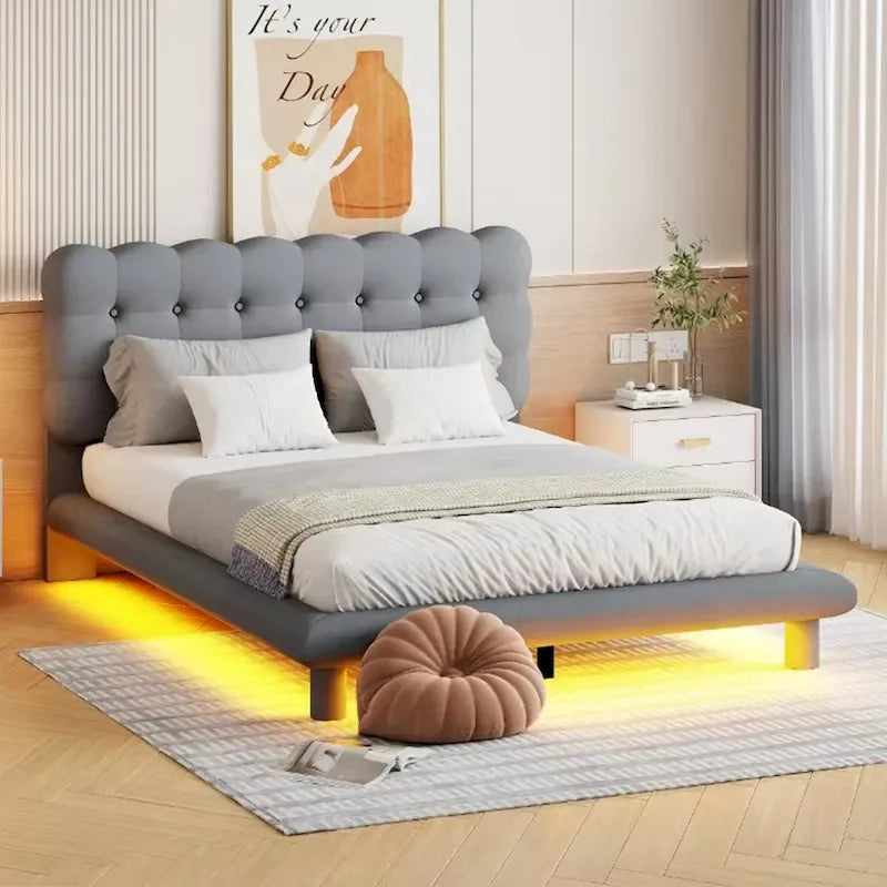Queen Size Velvet Platform Bed with LED Lights and Button-Tufted Headboard