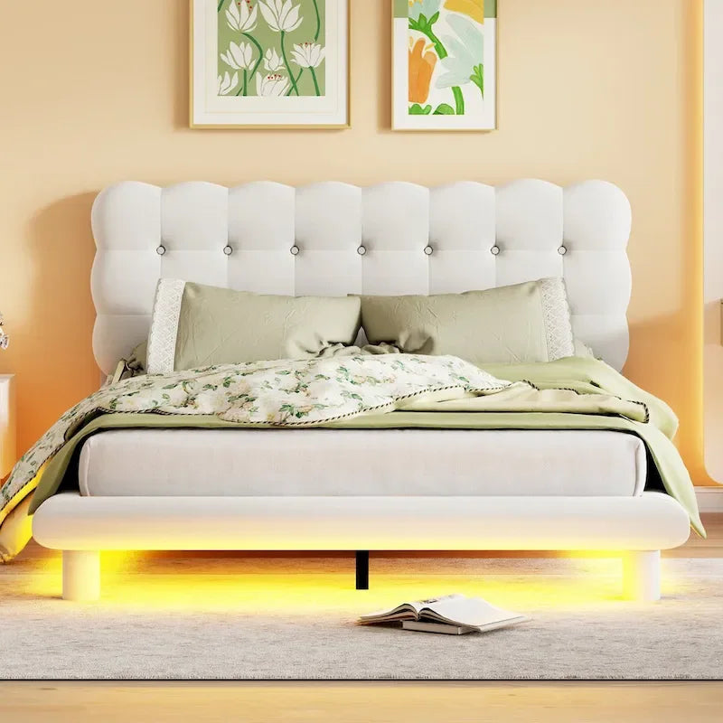 Queen Size Velvet Platform Bed with LED Lights and Button-Tufted Headboard