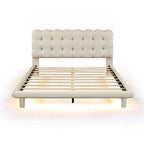 Queen Size Velvet Platform Bed with LED Lights and Button-Tufted Headboard