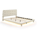 Queen Size Velvet Platform Bed with LED Lights and Button-Tufted Headboard