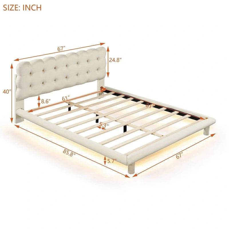 Queen Size Velvet Platform Bed with LED Lights and Button-Tufted Headboard