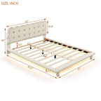Queen Size Velvet Platform Bed with LED Lights and Button-Tufted Headboard