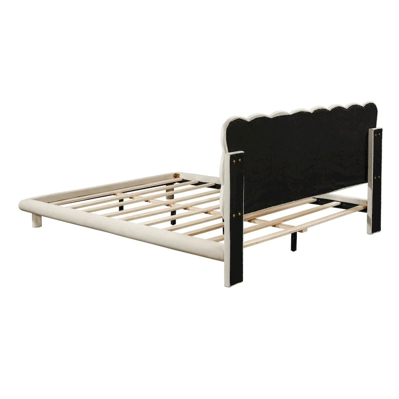 Queen Size Velvet Platform Bed with LED Lights and Button-Tufted Headboard