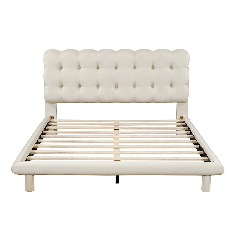 Queen Size Velvet Platform Bed with LED Lights and Button-Tufted Headboard