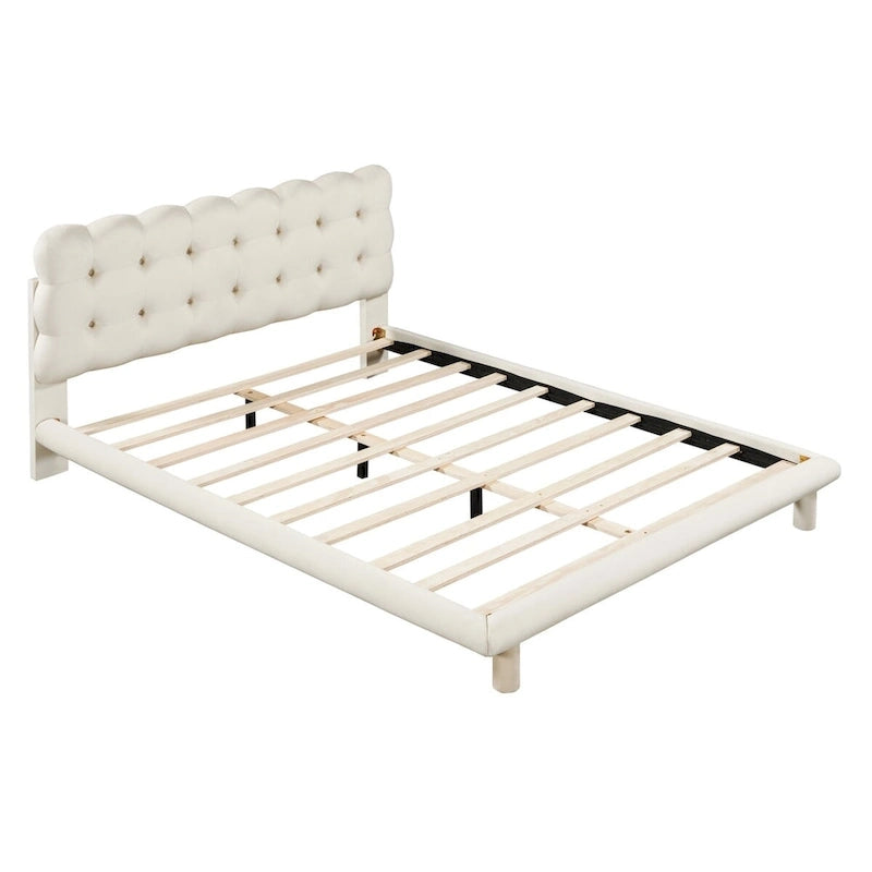 Queen Size Velvet Platform Bed with LED Lights and Button-Tufted Headboard