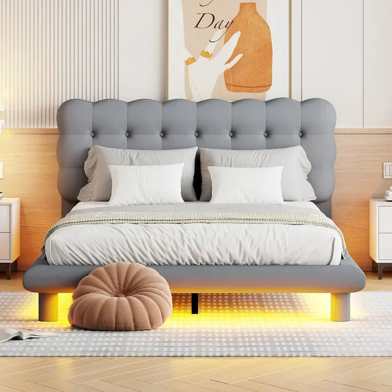 Queen Size Velvet Platform Bed with LED Lights and Button-Tufted Headboard