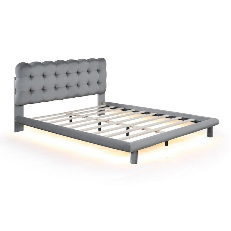 Queen Size Velvet Platform Bed with LED Lights and Button-Tufted Headboard