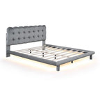 Queen Size Velvet Platform Bed with LED Lights and Button-Tufted Headboard